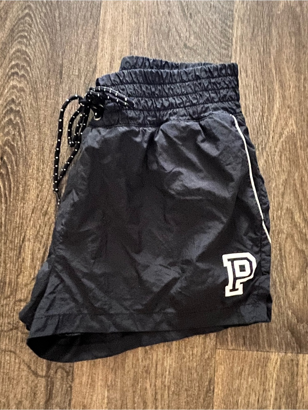 PINK Victoria’s Secret Black Tech Woven Running Shorts White Piping